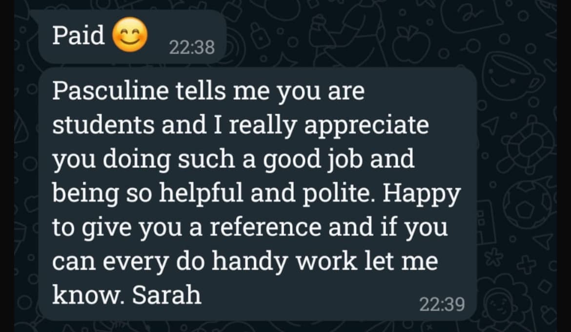 WhatsApp reference v angličtině od Sarah